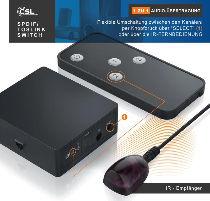 Immagine prodotto CSL Commutatore SPDIF 3x1, commutatore audio con telecomando, da 3x Toslin a 1x Toslink