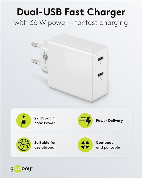 Actual product image Goobay Dual USB C Quick Charger (36 W)