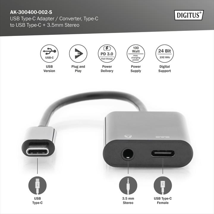 Image du produit Digitus USB Typ C — 3.5mm Klinke| USB Typ C (USB-C, 1 Ports)