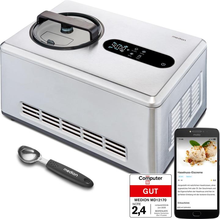 Produktbild Medion SMARTE SPEISEEISMASCHINE MD 12170 Smartphonesteuerung, Kapazität für 2 Liter Eis, HD LED-Display, he