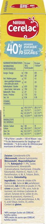 Valori nutrizionali e ingredienti Nestlé Cerelac Farina Lattea -40% Zucchero (250 g)