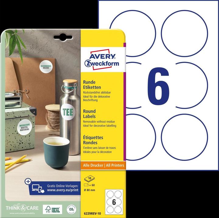 Image du produit Avery Etiquettes d'identification Zweckform, Diamètre : 80 mm blanches, rondes, réutilisables, papier