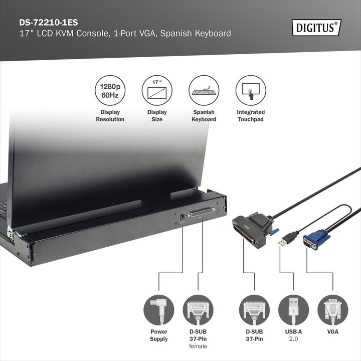 Immagine prodotto Digitus Console modulare con TFT da 17" (43,2 cm), 1 porte KVM e touchpad, tastiera spagnola