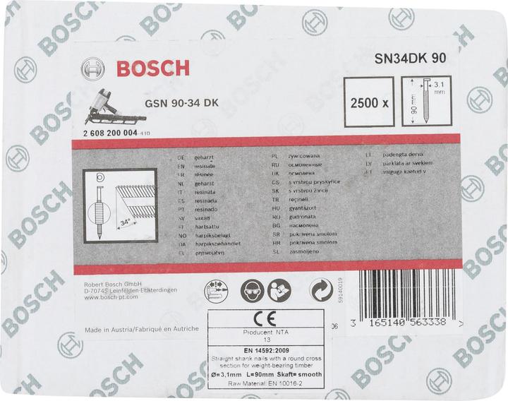 Nährwerte und Zutaten Bosch Professional Zubehör D-Kopf Streifennagel SN34DK 90, 3,1 mm, 90 mm, blank, glatt