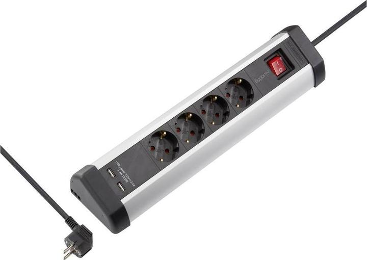 Actual product image Sygonix SY-5145336 Desktop socket outlet Black, silver Earth contact 1 pc. (4 x, CEE 7/3, 1.50 m)
