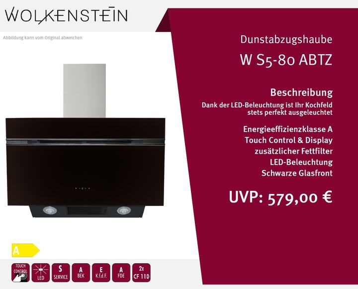 Image du produit Wolkenstein Kopffreihaube W S5-80 ABTZ BxT 80 x 38,6 cm schwarz (Hotte murale)