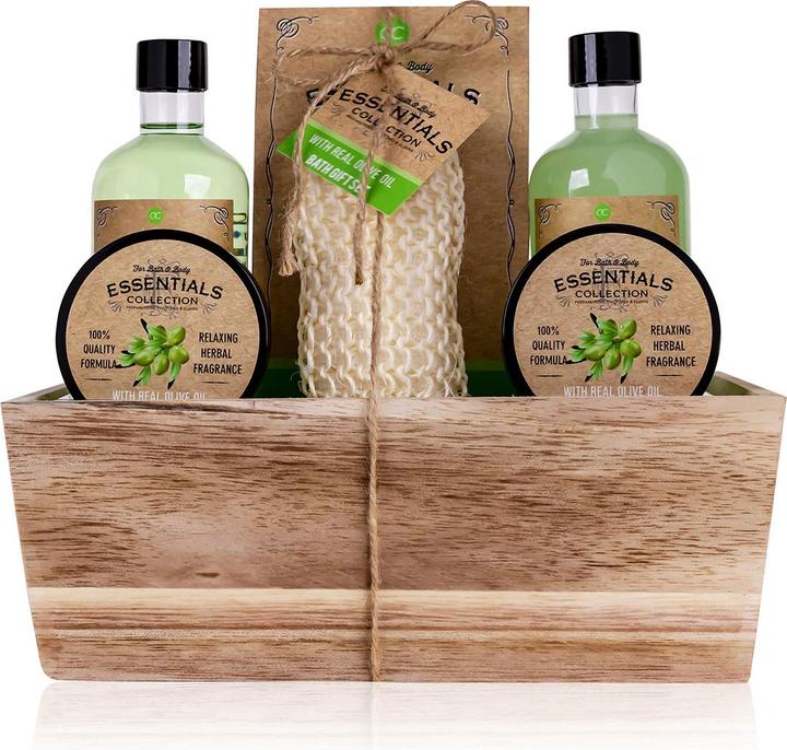 Accentra Geschenkset OLIVE in Holzkorb, inkl. 260ml Duschgel, 260ml Schaumbad, 300g Badesalz, 50ml Körperpeel (Haarpflege set)