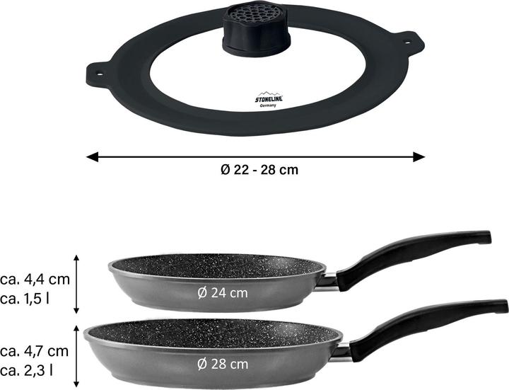 Produktbild Stoneline Pfannen-Set 3-teilig 24/28 | mit Deckel - Schwarz (28 cm, Pfannenset + Topfset, Gusseisen)
