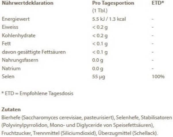 Nutritional values and ingredients Burgerstein Selenium Vital (100 Piece, Pills, 31.80 g)