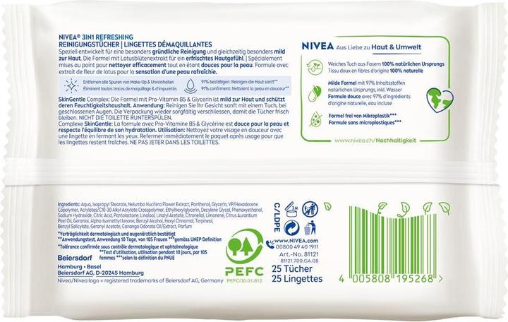 Valeurs nutritives et ingrédients NIVEA 3in1 Erfrischende Reinigungstücher (Chiffons de nettoyage, 25000 ml)