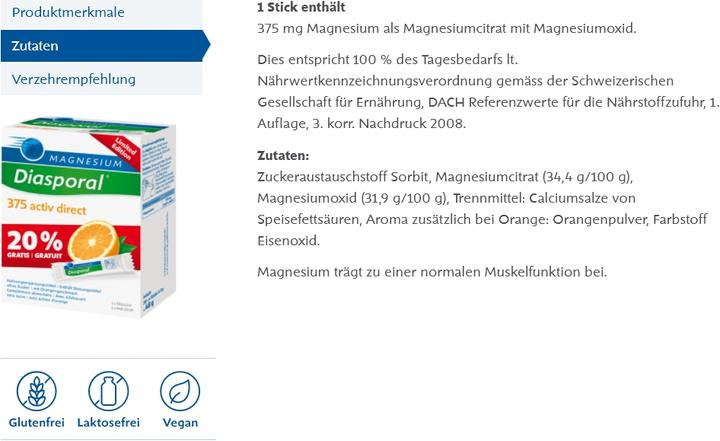 Nutritional values and ingredients magnesium diasporal 375 activ direct (20 Piece, Sachet, 34 g)