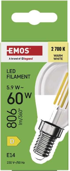Produktbild Emos LED Lampe Filament Mini Globe / E14 / 5,9 W (60 W) / 806 lm / Warmweiss (E14, 5.90 W, 806 lm, 1 x, D)