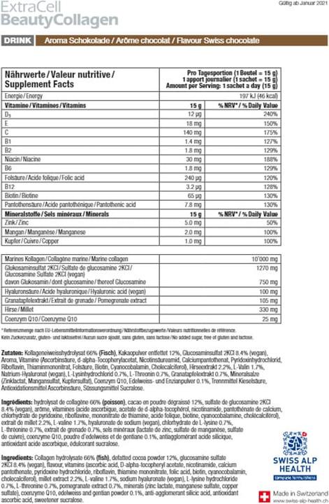 Nutritional values and ingredients Swiss Alp Health ExtraCell BeautyCollages (20 Piece, Beutel, Powder, 360 g)