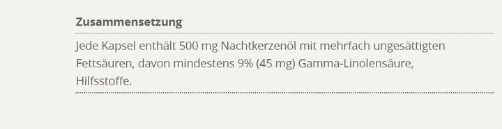 Nutritional values and ingredients Burgerstein Epo evening primrose oil (180 Piece, Oil, 176 g)