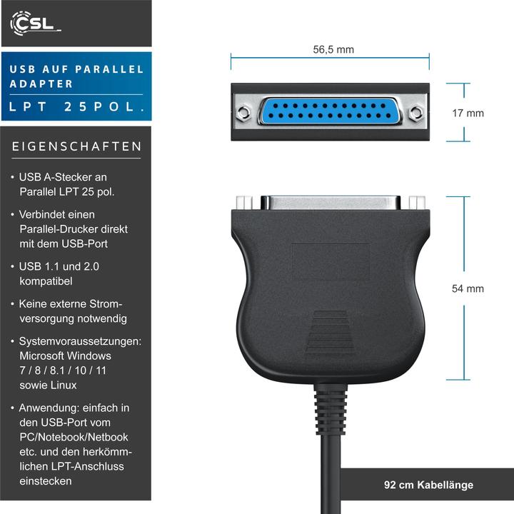 Immagine prodotto CSL Adattatore da USB A a parallela LPT 25 pin - D-SUB DE 25 a USB tipo A, 90 cm, cavo stampante, cavo (1 m, Parallelo (stampante))
