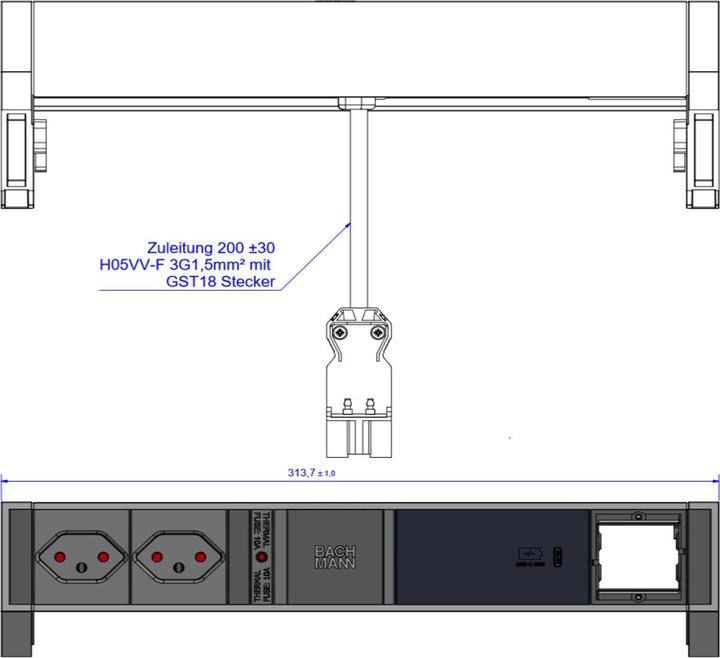 Image du produit Bachmann Prises de table DESK2 2x T13 1x USB C 60W 1x Vide, Sw (2 x, Type 13, 0.20 m)