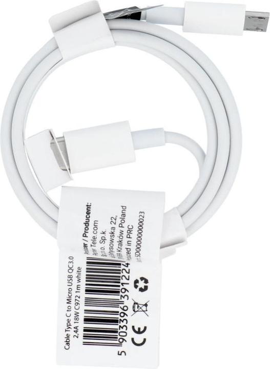 Image du produit OEM Cable Cable USB C to Micro USB QC3.0 2,4A 18W C972 1 m white (USB 3.2 Gen 1, 18 W)