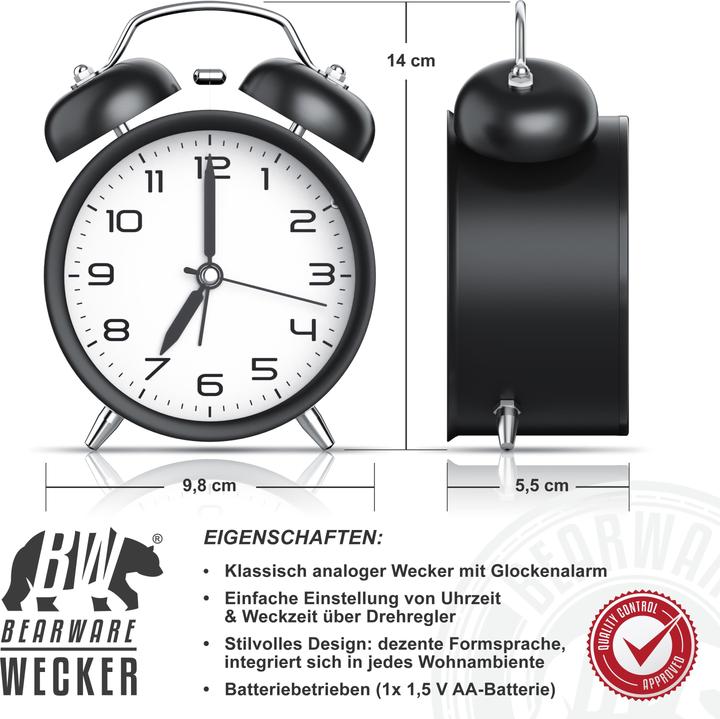 Image du produit Bearware Wecker analog, rund, mit Licht, Retro, lauter Glockenalarm, Beleuchtet, Vintage, ohne Ticken