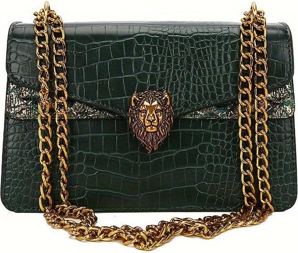 Only-Bags.Store Klassische Nischen-Design Mini Square Umhängetasche, All-Match Trendy Klappe Löwe Knopf Dekor Kette