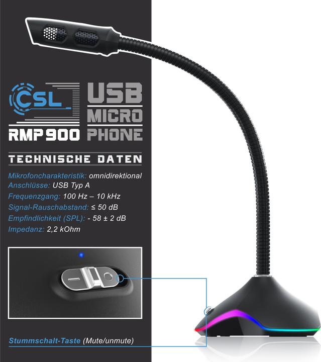 Produktbild CSL Standmikrofon, USB Desktop Mikrofon mit RGB Beleuchtung, RMP 900 Tischmikrofon, für Gaming & Podcast