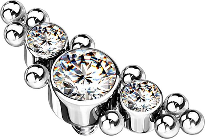 Star Piercing Dermal Anchor silber mittig mit Kugeln und drei Kristallen silber (ohne Messing, Titan G23)