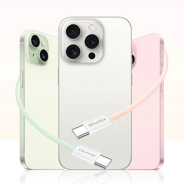 Actual product image Awei cable CL-219T USB-C na USB-C 60W biały/white iPhone 15 (USB 3.2 Gen 1, 60 W)