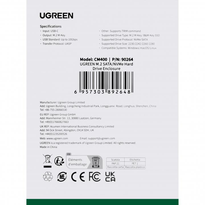 Productafbeelding Ugreen CM400 M.2 SSD behuizing, NVMe, SATA, 10Gbps, USB-C (Grijs) (M.2)