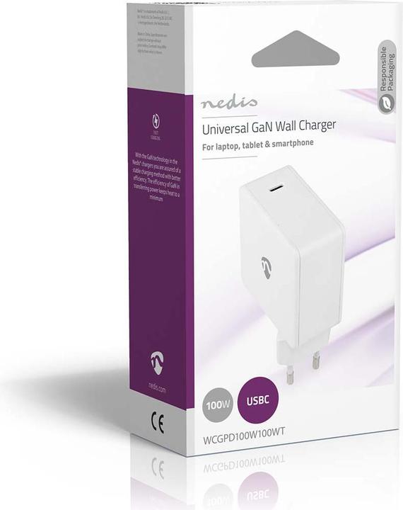 Immagine prodotto Nedis Caricabatterie da rete 100 W GaN a carica rapida 3.0 5.0 A A - Numero di uscite: 1, USB-C™, Auto (100 W)