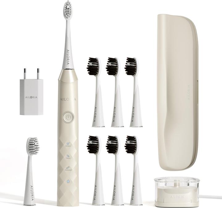 Étui, Station de recharge USB inductive, USB PowerPlug, 6x têtes de brosse Charcoal blanc, 2x têtes de brosse Extra Clean blanches, Brosse à dents sonique SHINE BRIGHT