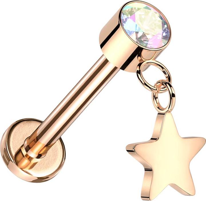 Star Piercing Micro Threadless Labret rosegold Zylinder rosegold Kristall multicolor Anhänger Stern rosegold (Titan G23, ohne Messing)