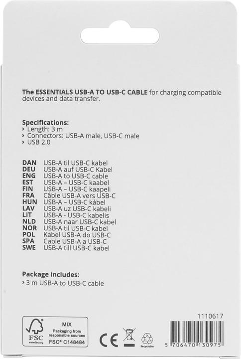 Actual product image Essentials USB-A - USB-C Cable, 3m, White (USB 2.0)
