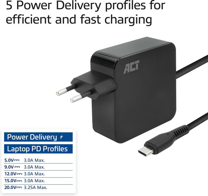 Productafbeelding USB-C laptop wandoplader 65W met Power Delivery profielen, 2 meter (65 W)