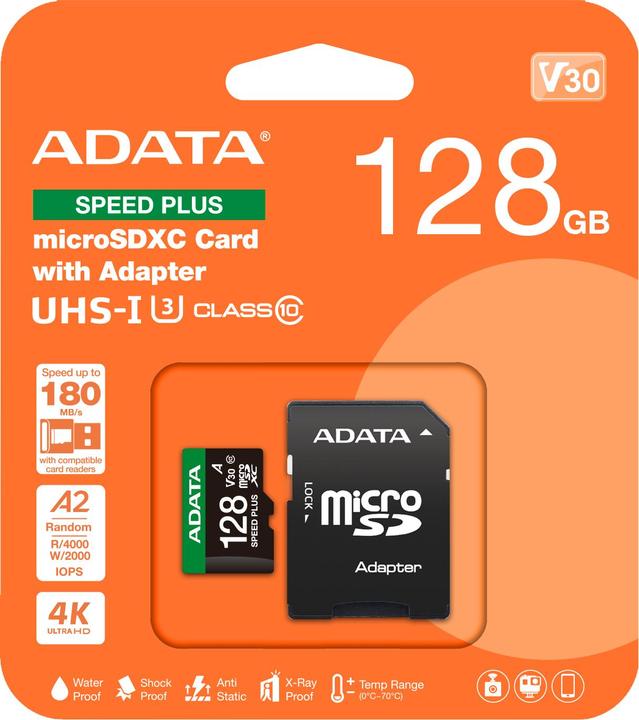 Actual product image Adata microSD 128GB Speed Plus UHS-I U3 + adapter (128 GB, microSDXC, U3, UHS-I)