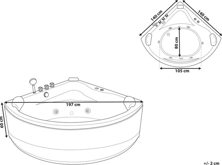 Produktbild Beliani Whirlpool Badewanne schwarz Eckmodell mit LED 140 x 140 cm BARACOA (400 l, 197 cm, 140 cm)