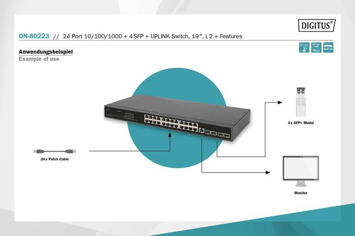 Actual product image Digitus 24 Port 10/100/1000 + 4SFP+ UPLINK Switch, 19", L2+ Features (24 Ports)