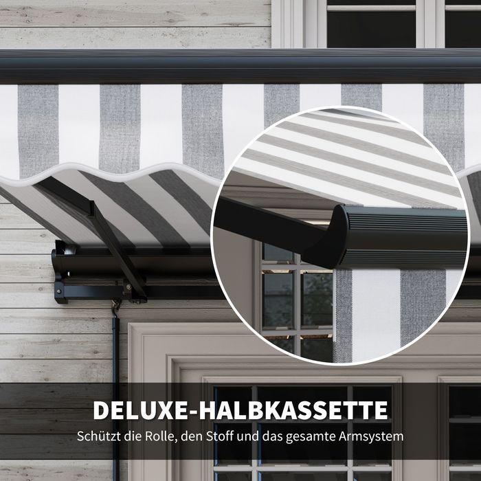 Produktbild Swisshandel24 elektrisch Kassettenmarkise, 395x250cm, Handkurbel, Fernbedienung, Grau+Weiss (2.50 m)