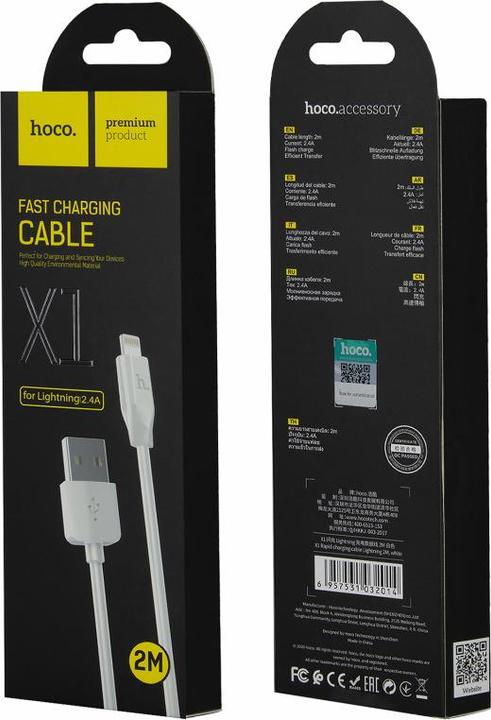 Actual product image Hoco - Data Cable Rapid (X1) - USB-A to Lightning, 10.5W, 2.4A, 2m - White (2 m, USB 3.2 Gen 1, 10.50 W)