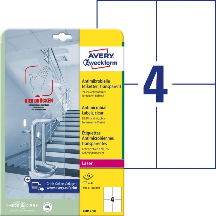 Actual product image Avery AVZ L8013-10 Antimicrobial labels 105x148mm transparent