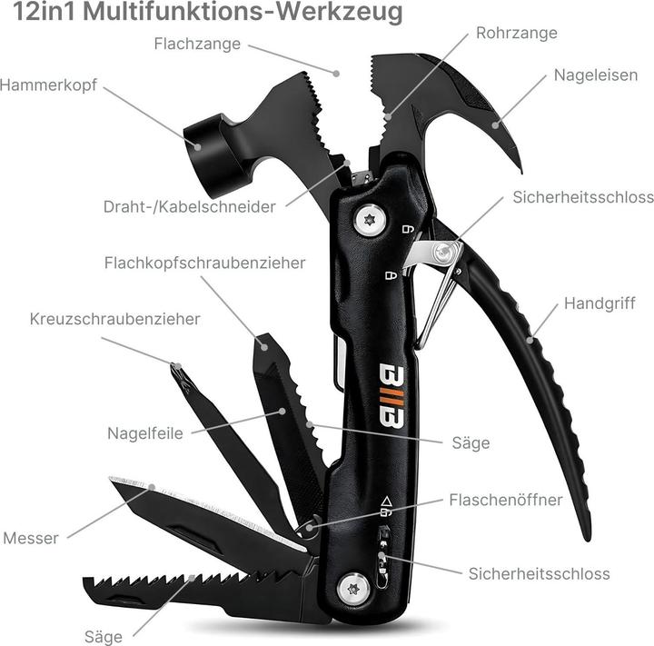 Produktbild Hermex 12in1 Multifunktions-Werkzeug Hammer Zange Säge Messer Schraubendreher Feile (12 Funktionen)