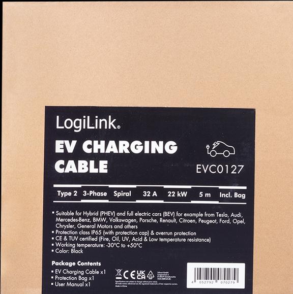 Productafbeelding LogiLink E-car oplaadkabel (Type 2, 22 kW, 32 A, 5 m)