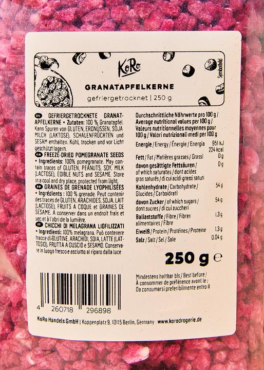 Nutritional values and ingredients KoRo Freeze-dried pomegranate seeds (250 g)