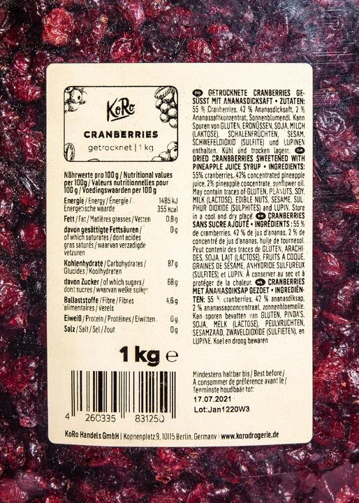 Nutritional values and ingredients KoRo Cranberries with no added sugar (1000g) (1000 g)