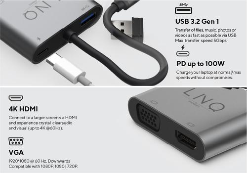 Produktbild LINQ Connects USB-C -> 1x HDMI, 1x VGA, 1x USB-C, 1x USB-A LQ48001 grey (USB-C, 1 Ports)