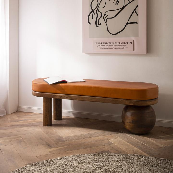 Actual product image FineBuy Sitzbank Flurbank Echtleder Holz Massiv 140 cm Polsterbank Bank Braun (140 cm)