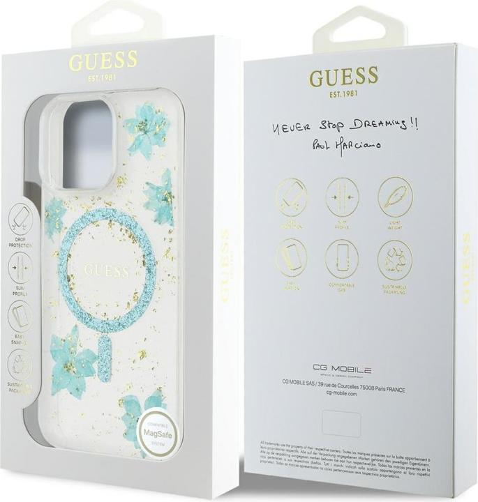Actual product image Guess Case Resin Flowers Glitter MagSafe for iPhone 16 Pro Max turquoise (Apple iPhone 16 Pro Max)