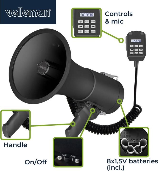 Actual product image Velleman Set (MP66S+ LR14*4) mit leistungsstarkem 50-W-Megaphon mit Sirene und 8 x 1,5-V-Alkali-C-Batterien (Megaphone)