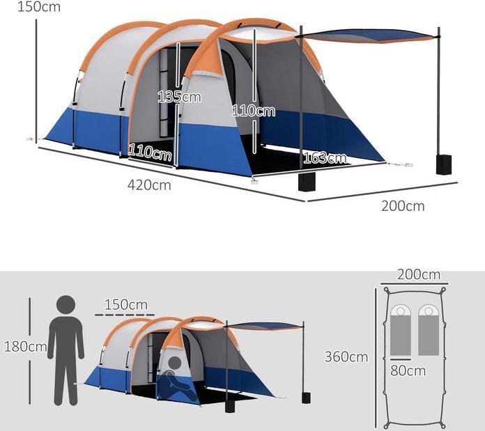 Swisshandel24 Campingzelt, Tunnelzelt für 3 Personen, mit Lichthaken, Vorzelt für Garten, orange (Tunnelzelt, 3 Personen)
