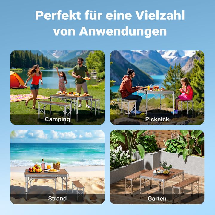 Produktbild Wiltec Koffertisch mit 2 Bänken Holzdesign Aluminium Campingtisch Klapptisch