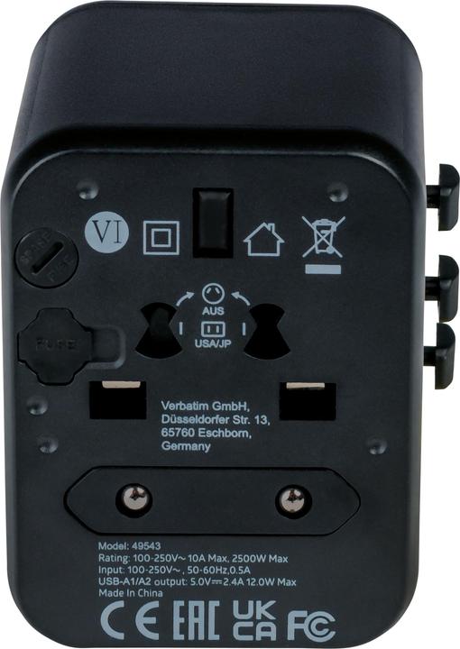 Actual product image Verbatim Universal Travel Adapter with 2 x USB-A ports