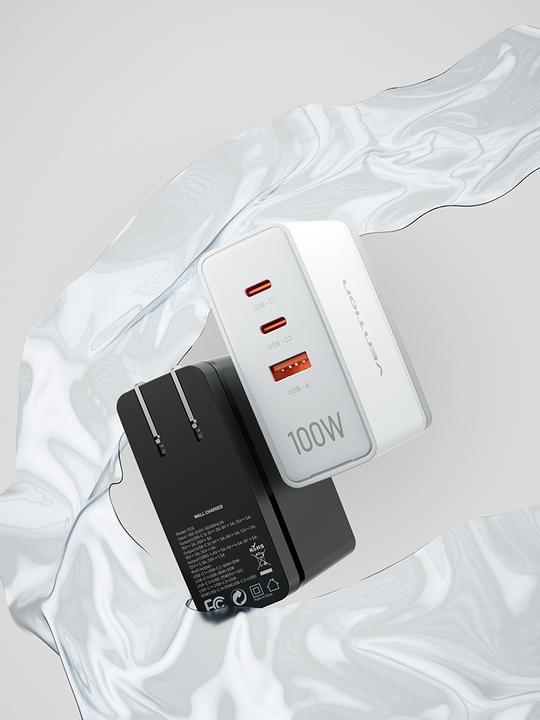 Actual product image Vention 3-Port USB (C+C+A) GaN Charger (100W/100W/30W) EU-Plug Black (100 W)
